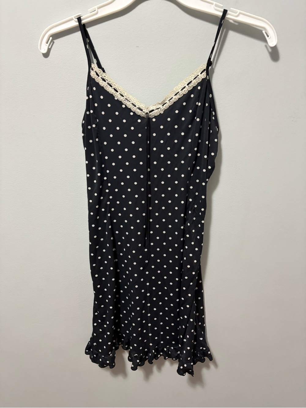 Vintage Divina Noite Black Polka Dot Slip Dress with Lace Trim
